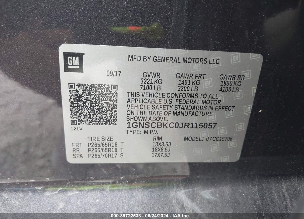 2018 CHEVROLET TAHOE LT VIN: 1GNSCBKC0JR115057