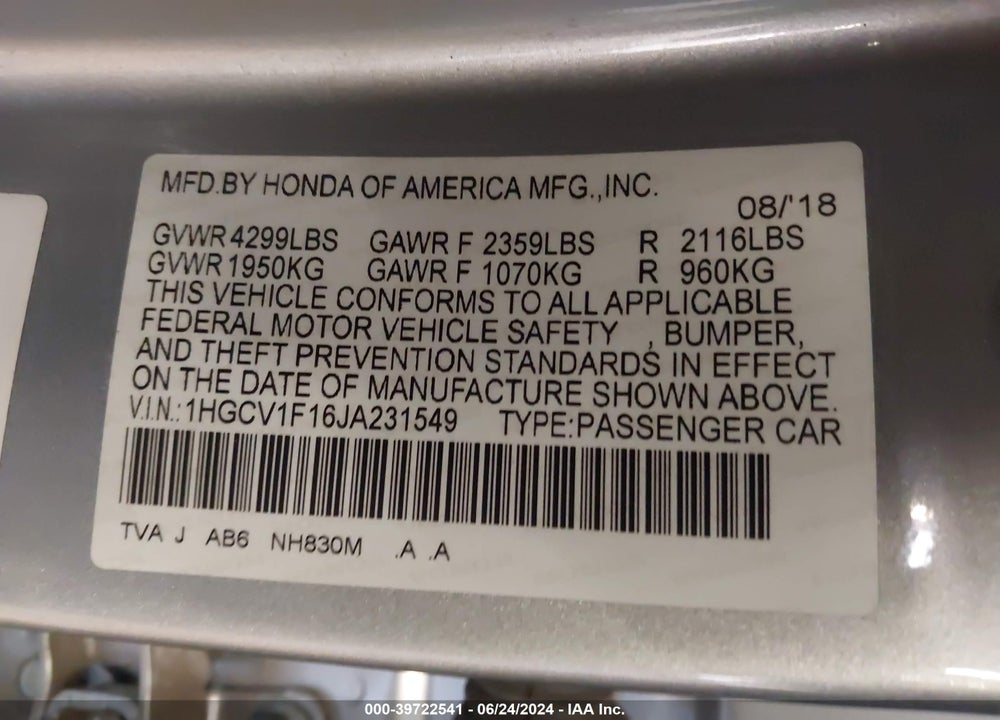 2018 HONDA ACCORD LX VIN: 1HGCV1F16JA231549