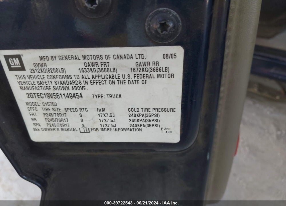 2006 GMC SIERRA 1500 SLE1 VIN: 2GTEC19V561149454