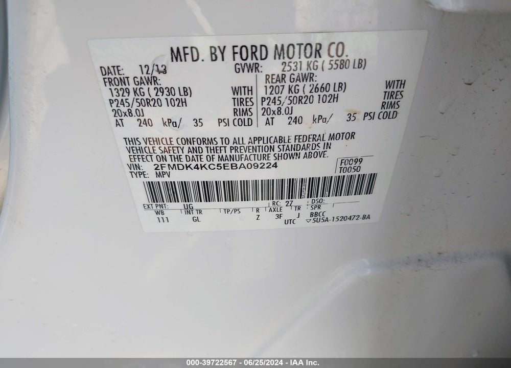 2014 FORD EDGE LIMITED VIN: 2FMDK4KC5EBA09224