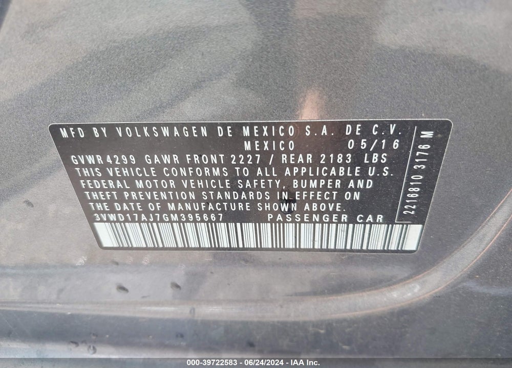 2016 VOLKSWAGEN JETTA 1.8T SPORT VIN: 3VWD17AJ7GM395667