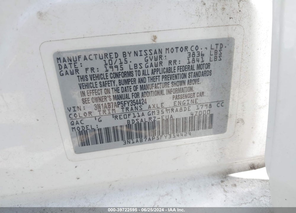 2015 NISSAN SENTRA SR VIN: 3N1AB7AP5FY354424