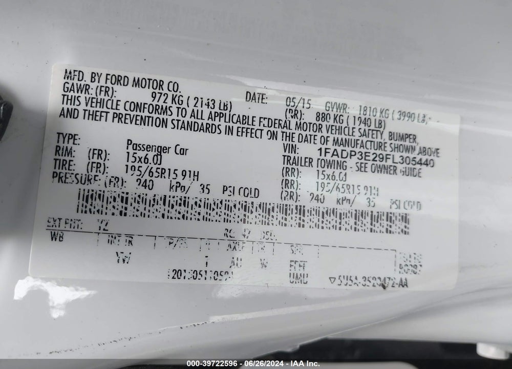 2015 FORD FOCUS S VIN: 1FADP3E29FL305440