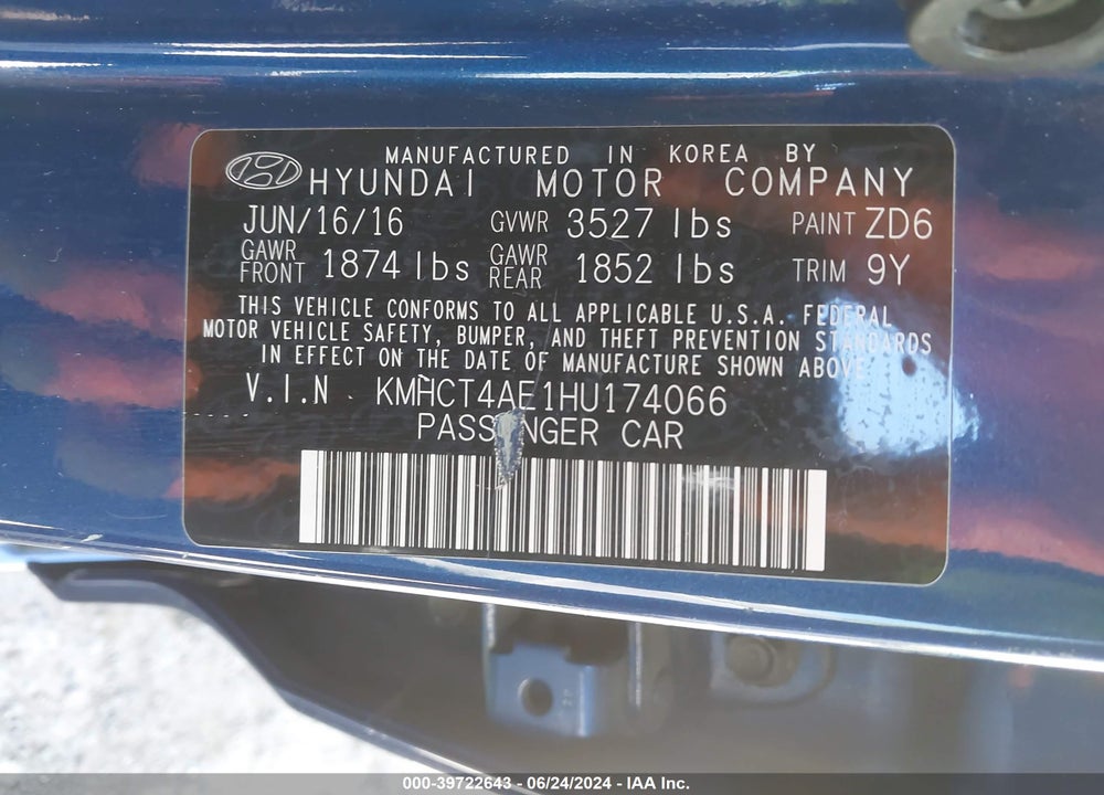 2017 HYUNDAI ACCENT SE VIN: KMHCT4AE1HU174066