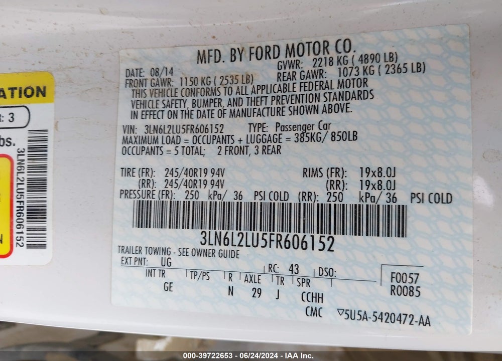 2015 LINCOLN MKZ HYBRID VIN: 3LN6L2LU5FR606152