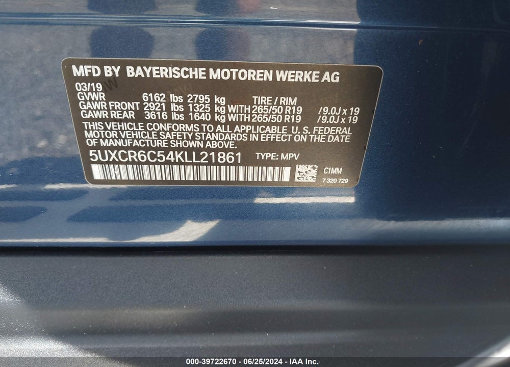 2019 BMW X5 XDRIVE40I VIN: 5UXCR6C54KLL21861