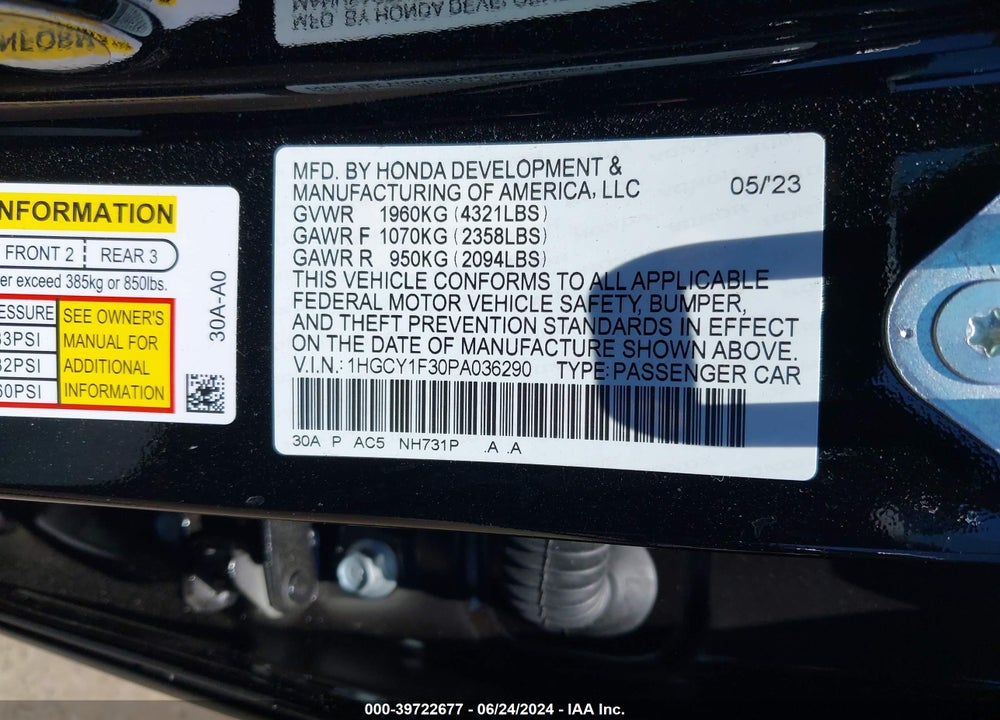 2023 HONDA ACCORD EX VIN: 1HGCY1F30PA036290