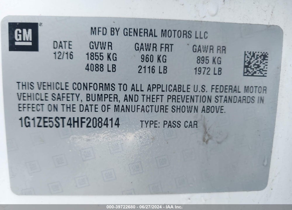 2017 CHEVROLET MALIBU 1LT VIN: 1G1ZE5ST4HF208414