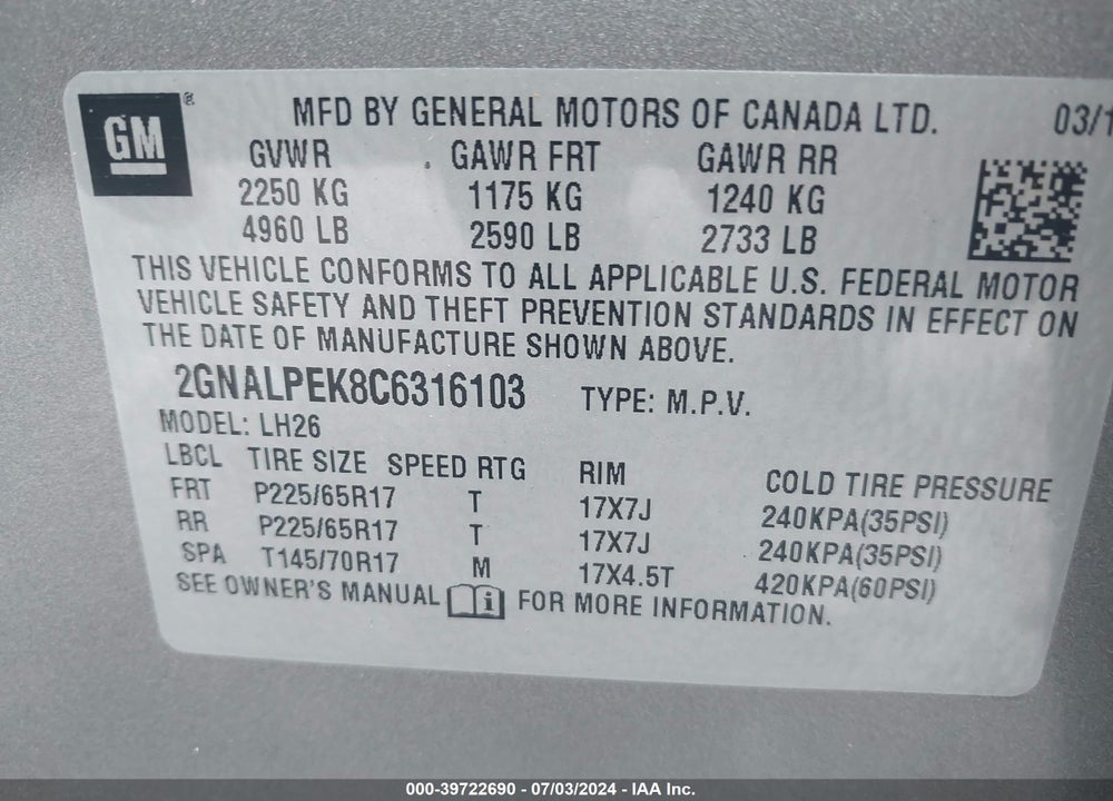 2012 CHEVROLET EQUINOX 2LT VIN: 2GNALPEK8C6316103