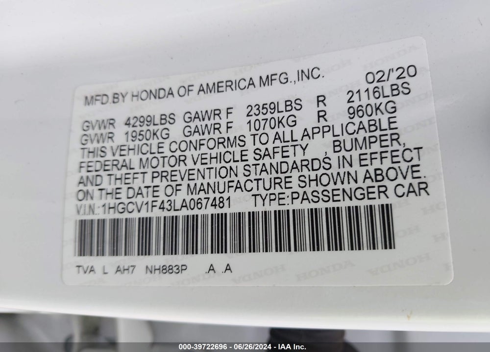 2020 HONDA ACCORD VIN: 1HGCV1F43LA067481