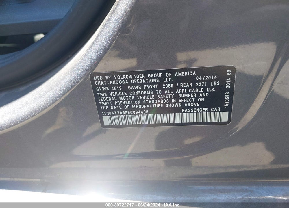 2014 VOLKSWAGEN PASSAT 1.8T WOLFSBURG EDITION VIN: 1VWAT7A35EC094408