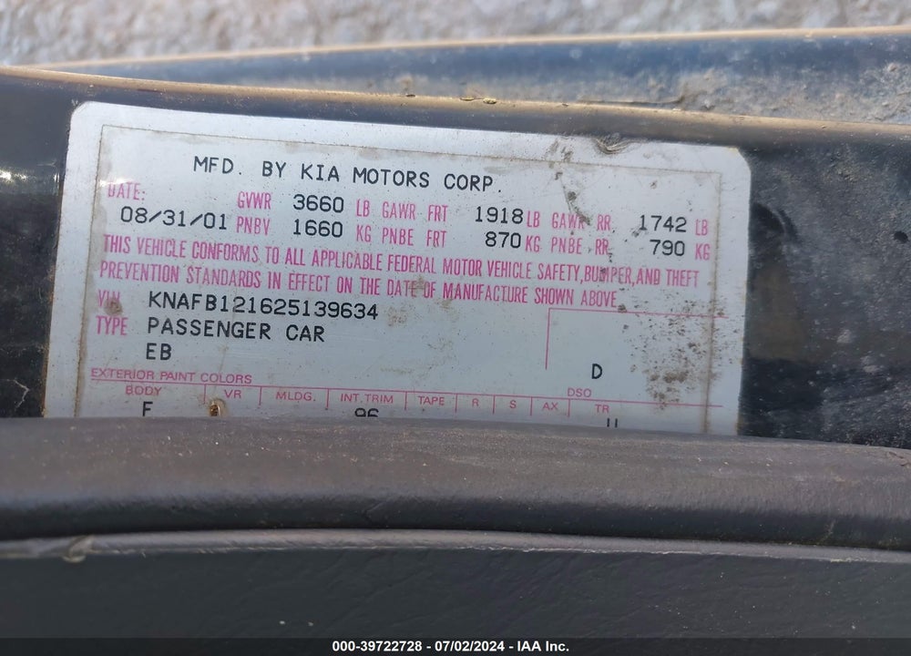 2002 KIA SPECTRA LS VIN: KNAFB121625139634
