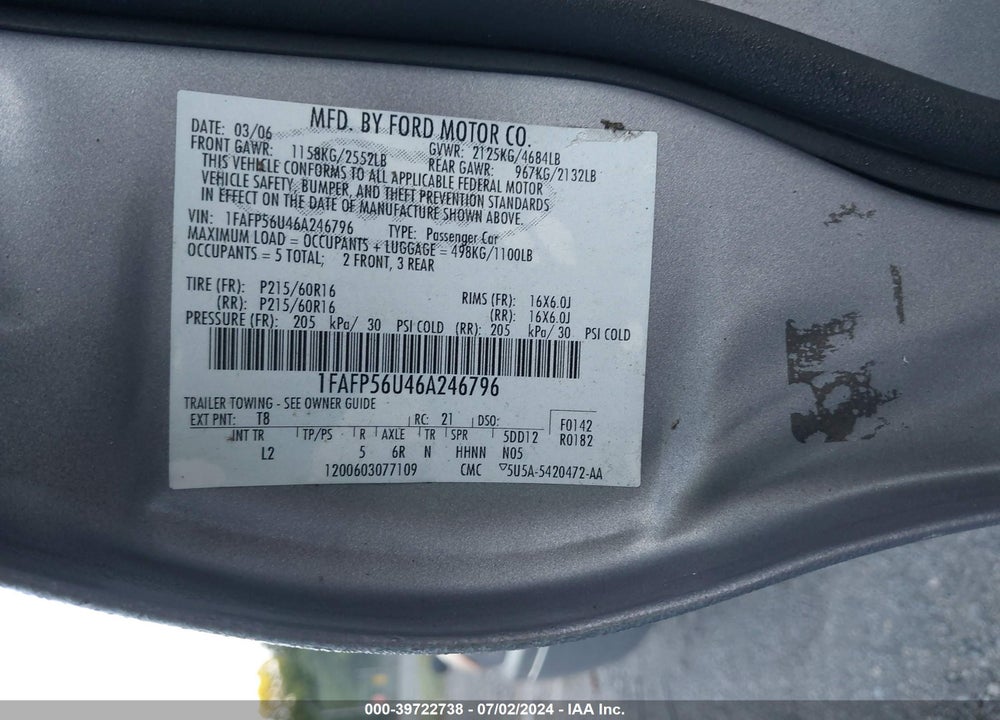 2006 FORD TAURUS SEL VIN: 1FAFP56U46A246796