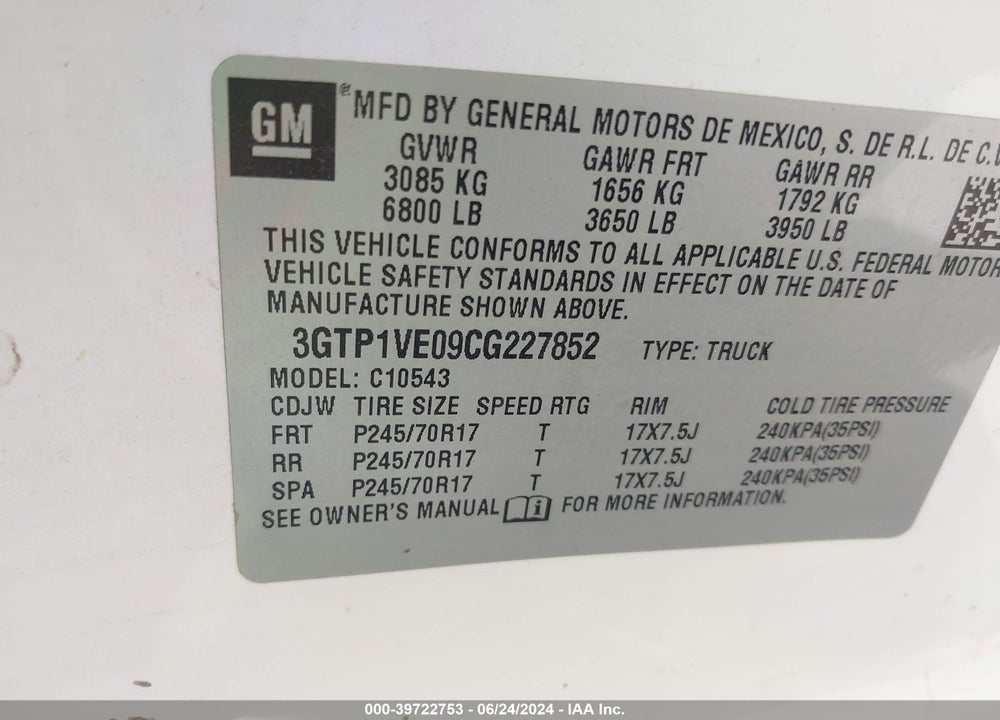 2012 GMC SIERRA 1500 SLE VIN: 3GTP1VE09CG227852