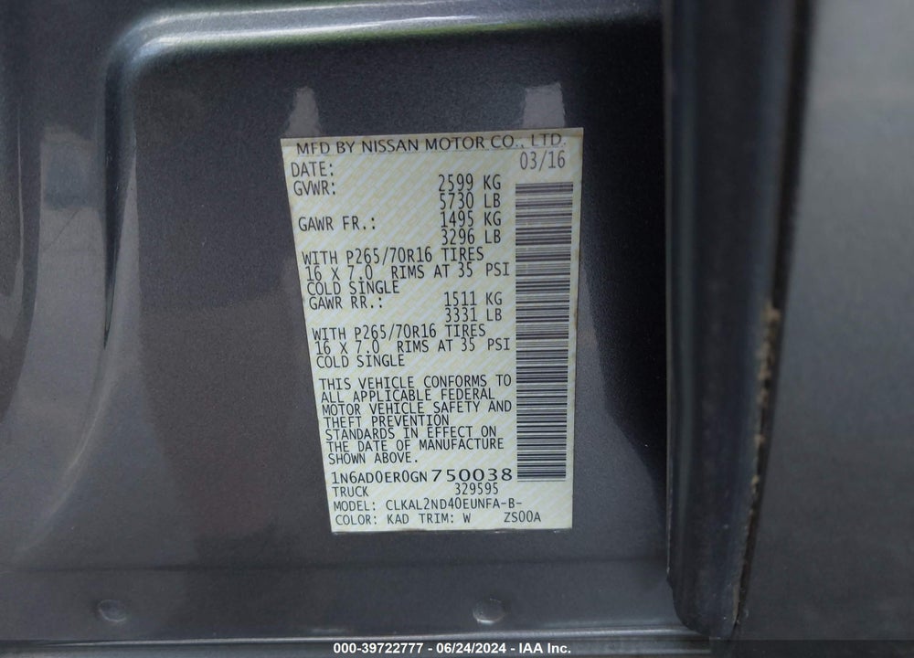 2016 NISSAN FRONTIER VIN: 1N6AD0ER0GN750038