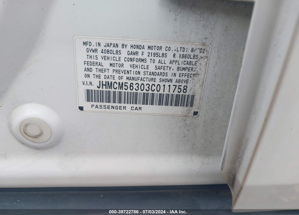 2003 HONDA ACCORD 2.4 LX VIN: JHMCM56303C011758