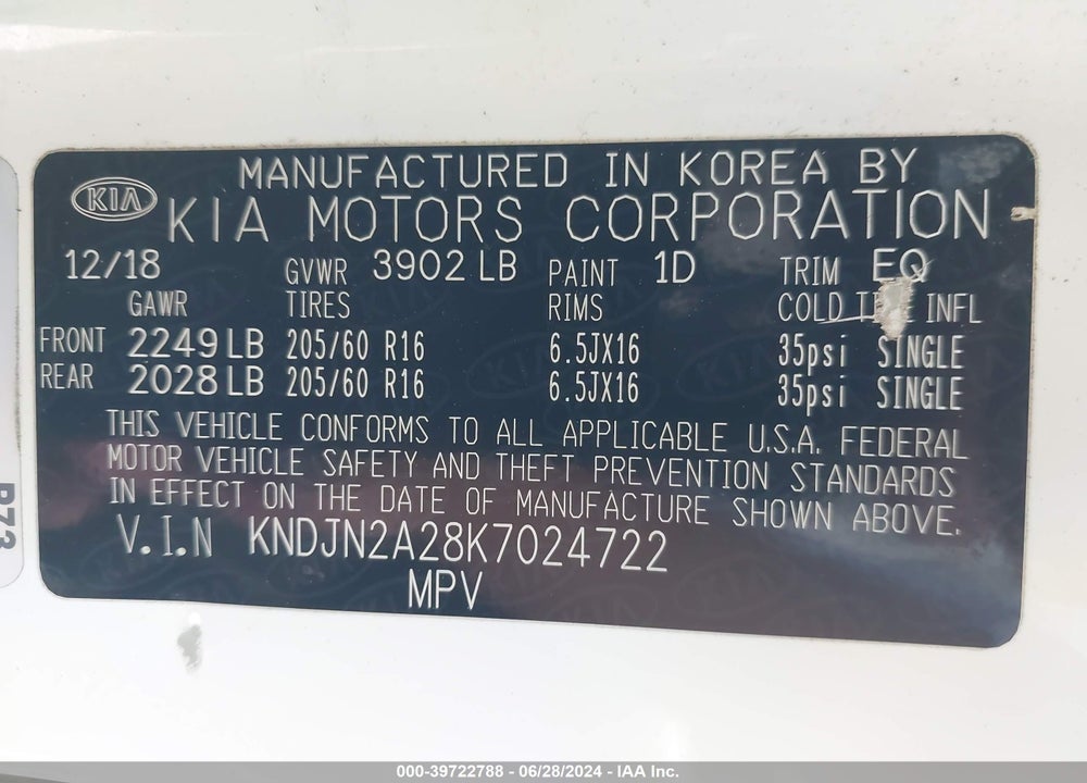 2019 KIA SOUL VIN: KNDJN2A28K7024722