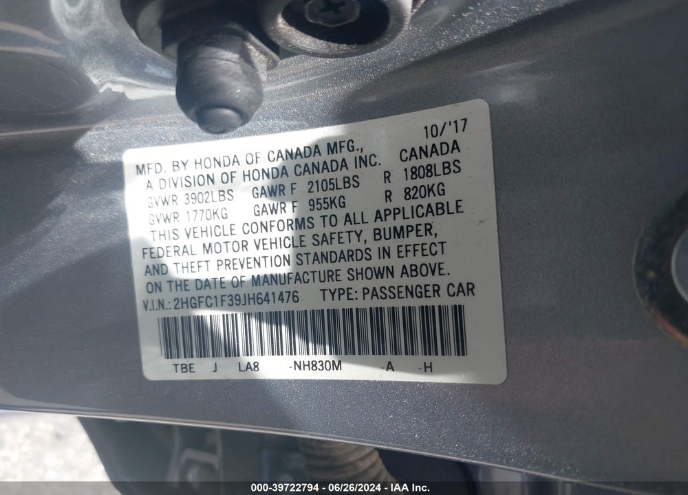 2018 HONDA CIVIC EX-T VIN: 2HGFC1F39JH641476