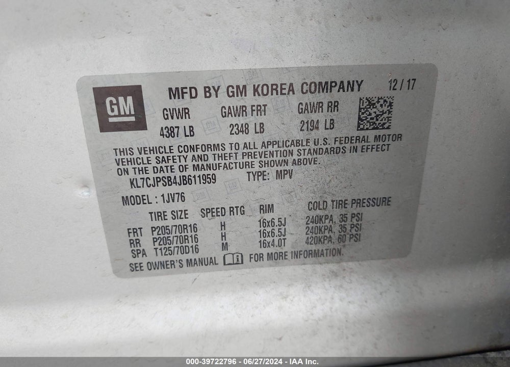 2018 CHEVROLET TRAX LT VIN: KL7CJPSB4JB611959