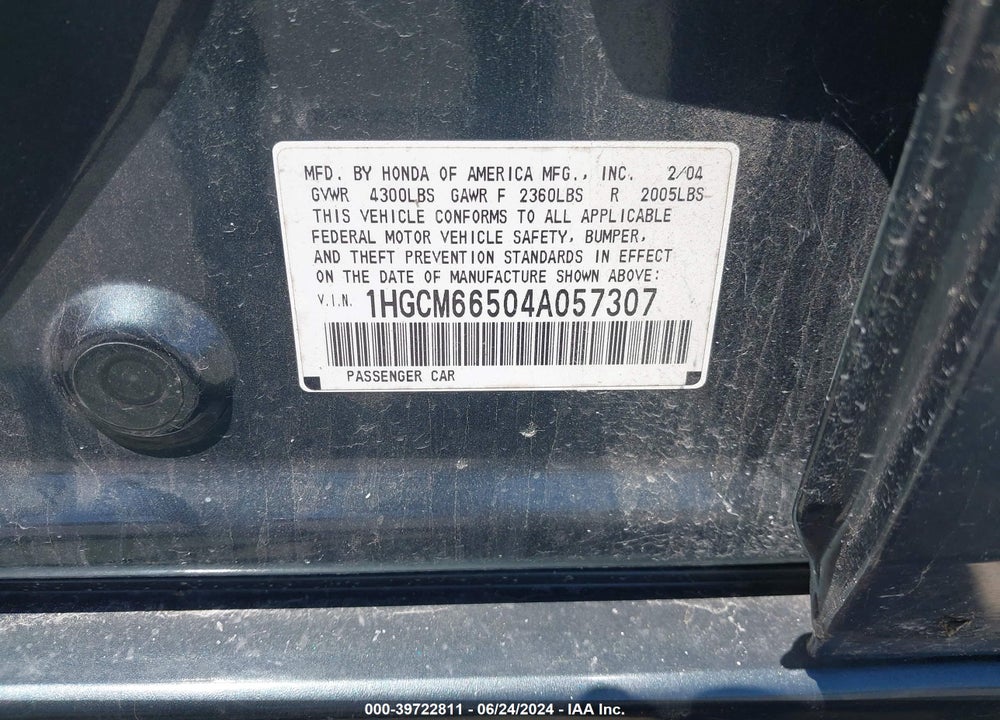 2004 HONDA ACCORD 3.0 EX VIN: 1HGCM66504A057307