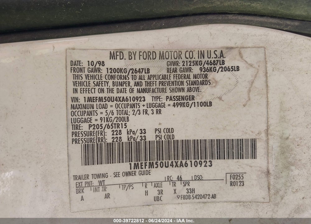 1999 MERCURY SABLE GS VIN: 1MEFM50U4XA610923
