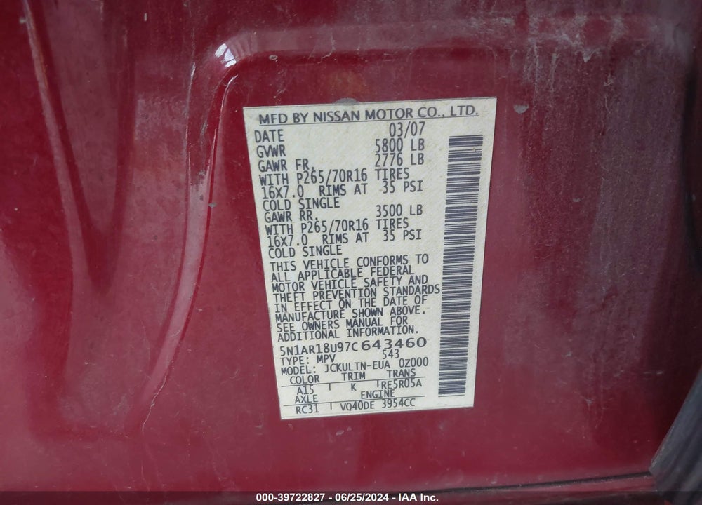 2007 NISSAN PATHFINDER SE VIN: 5N1AR18U97C643460