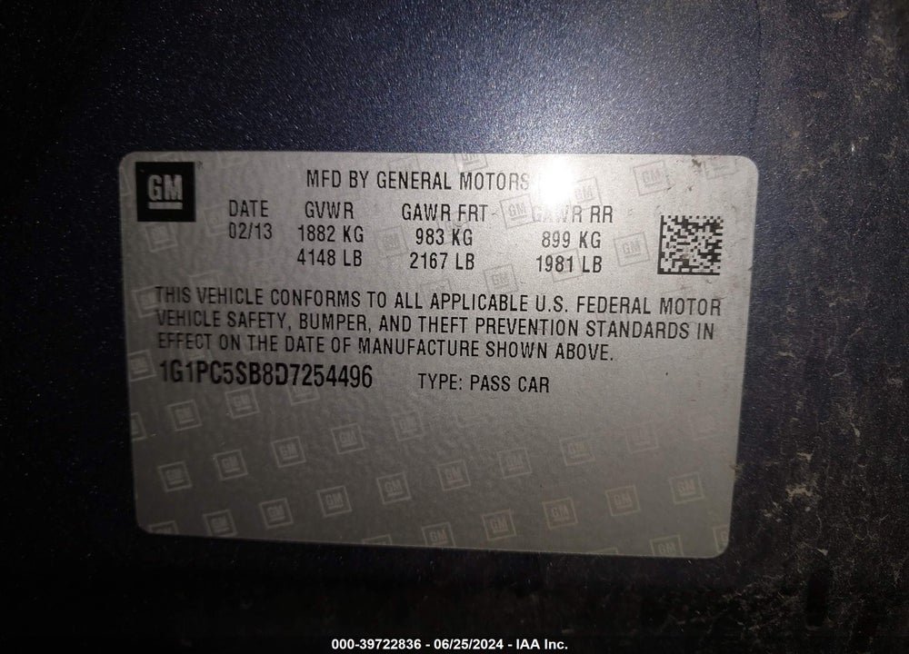 2013 CHEVROLET CRUZE 1LT AUTO VIN: 1G1PC5SB8D7254496