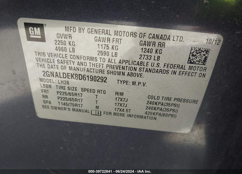 2013 CHEVROLET EQUINOX 1LT VIN: 2GNALDEK8D6190292
