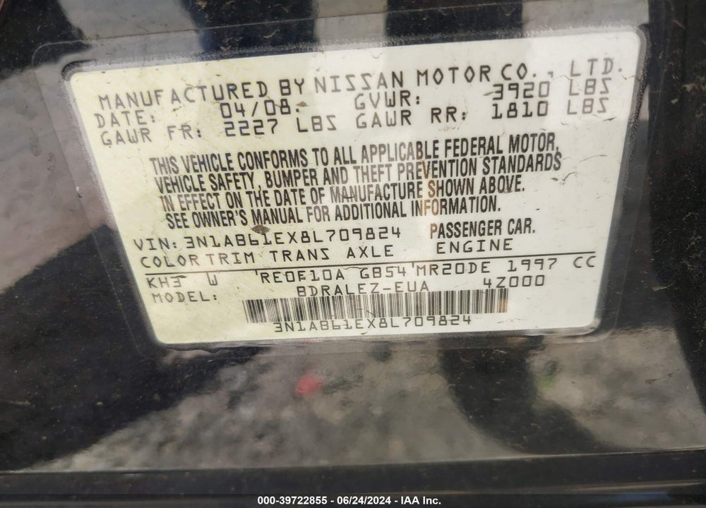 2008 NISSAN SENTRA 2.0S VIN: 3N1AB61EX8L709824
