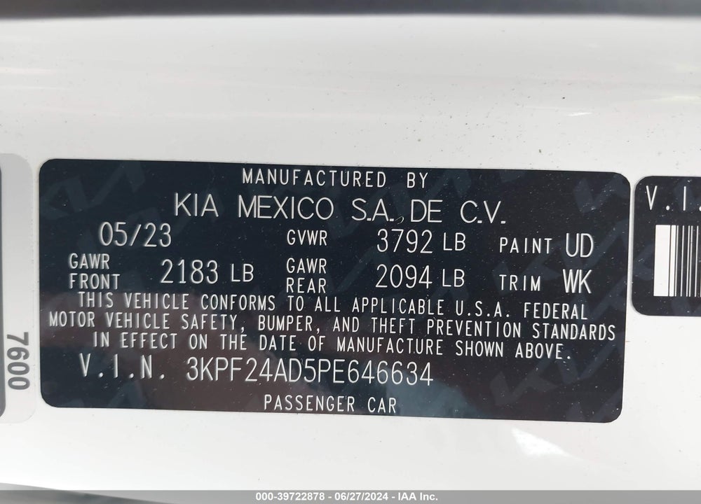 2023 KIA FORTE LX VIN: 3KPF24AD5PE646634