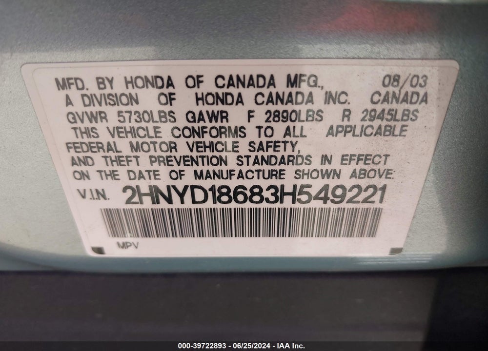 2003 ACURA MDX VIN: 2HNYD18683H549221