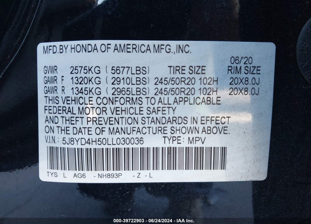 2020 ACURA MDX TECHNOLOGY PACKAGE VIN: 5J8YD4H50LL030036