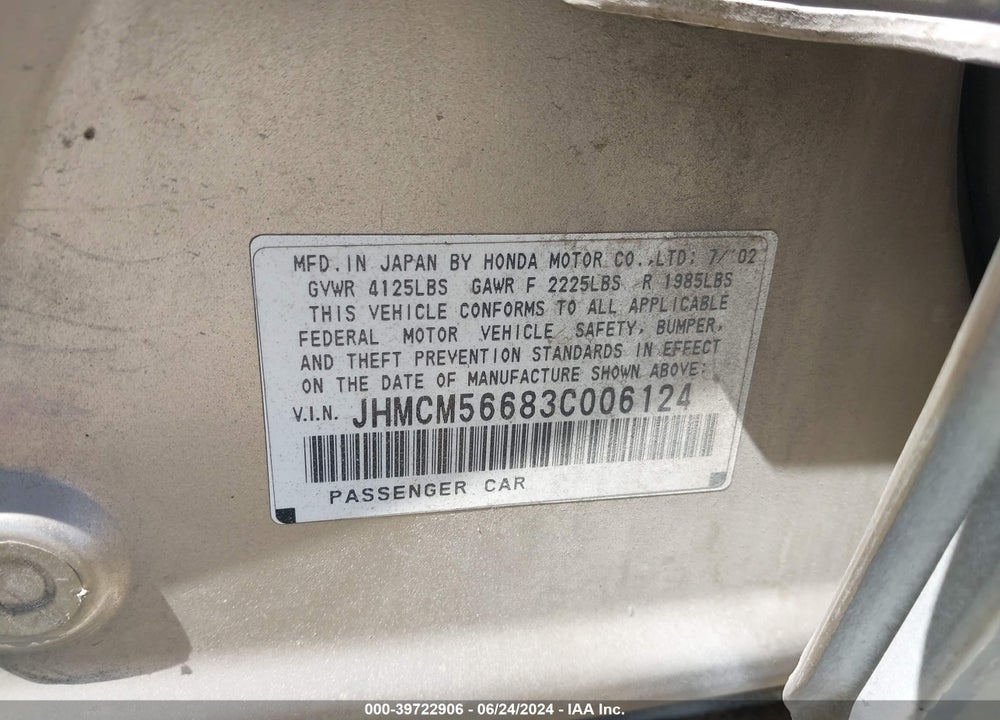 2003 HONDA ACCORD 2.4 EX VIN: JHMCM56683C006124