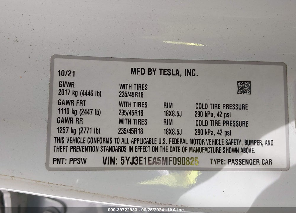 2021 TESLA MODEL 3 STANDARD RANGE PLUS REAR-WHEEL DRIVE VIN: 5YJ3E1EA5MF090825