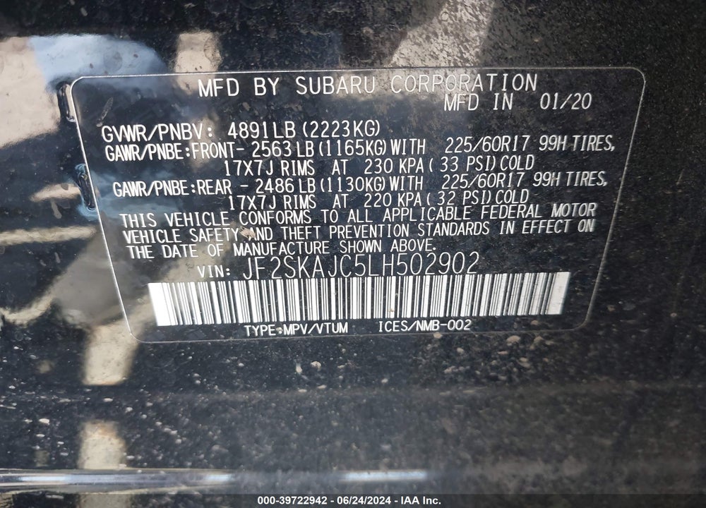 2020 SUBARU FORESTER PREMIUM VIN: JF2SKAJC5LH502902