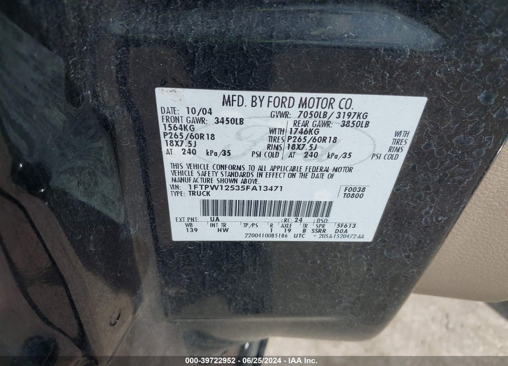 2005 FORD F-150 LARIAT/XLT VIN: 1FTPW12535FA13471