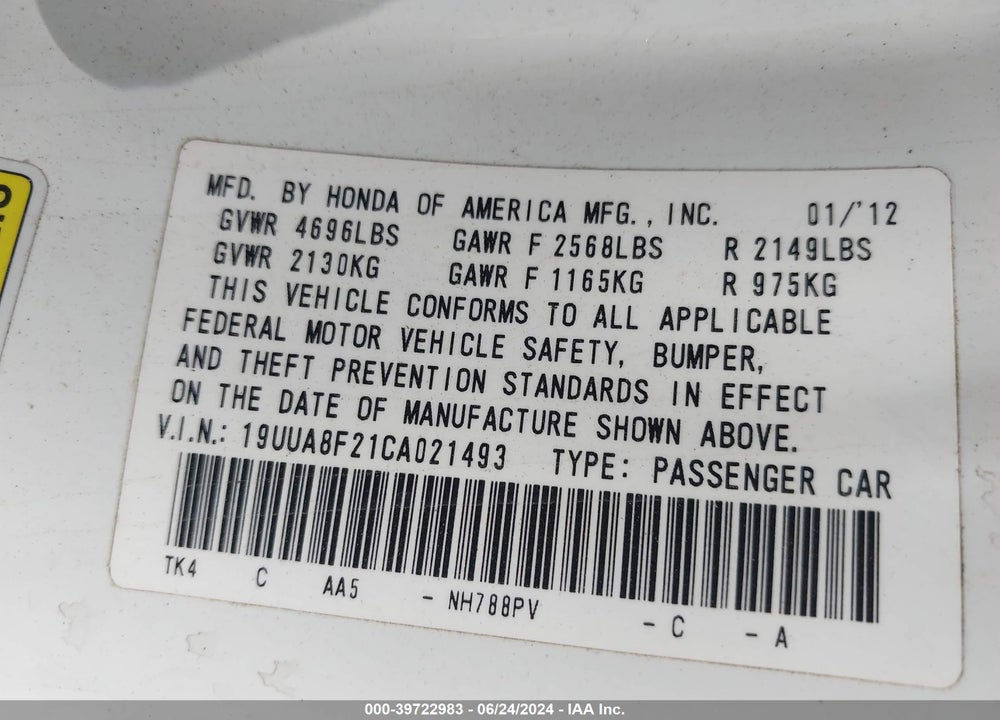 2012 ACURA TL 3.5 VIN: 19UUA8F21CA021493