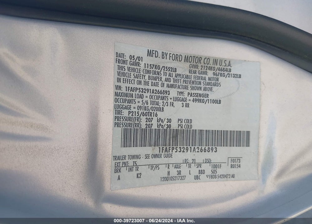2001 FORD TAURUS SE VIN: 1FAFP53291A266893