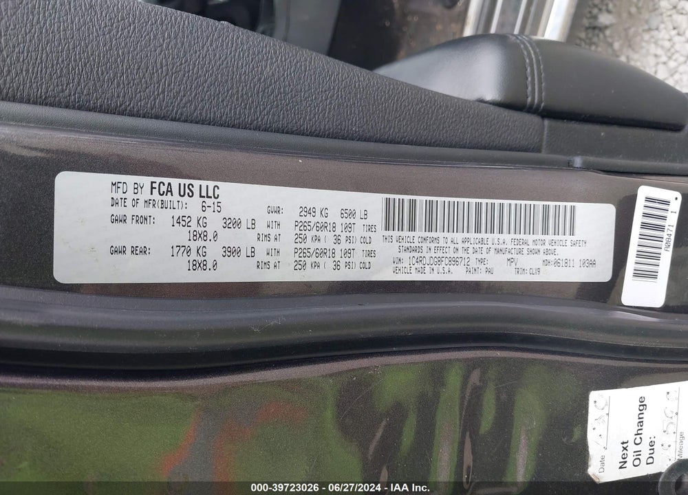 2015 DODGE DURANGO LIMITED VIN: 1C4RDJDG8FC896712