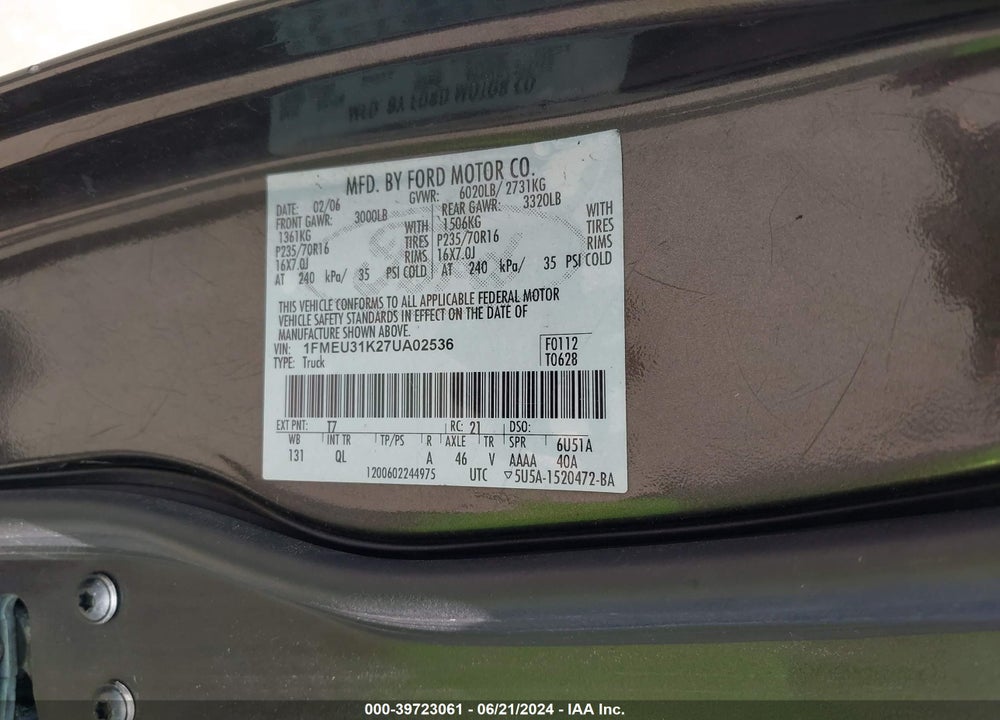 2007 FORD EXPLORER SPORT TRAC XLT VIN: 1FMEU31K27UA02536