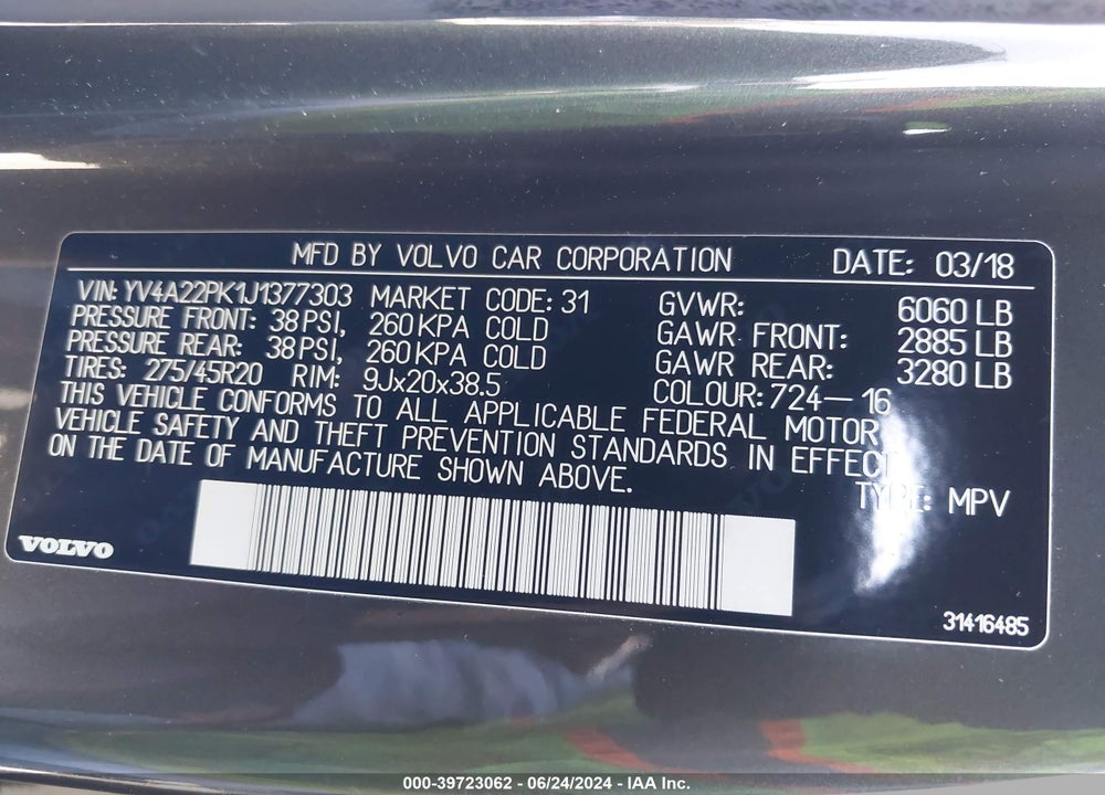 2018 VOLVO XC90 T6 MOMENTUM VIN: YV4A22PK1J1377303