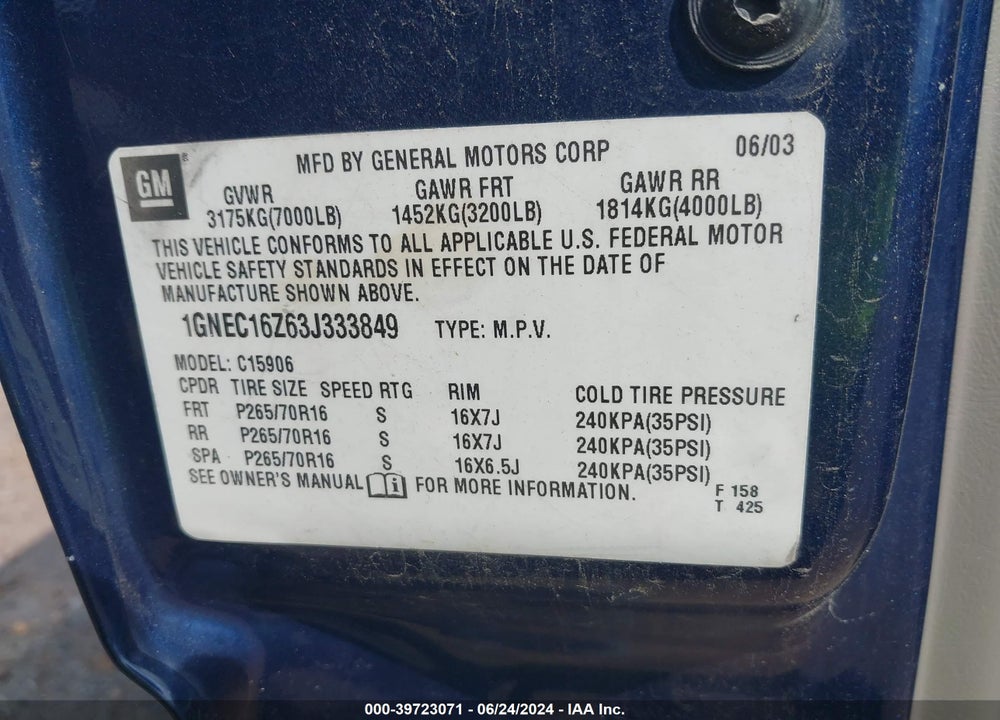 2003 CHEVROLET SUBURBAN 1500 LS VIN: 1GNEC16Z63J333849