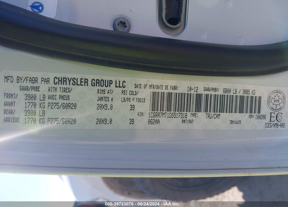 2013 RAM 1500 SPORT VIN: 1C6RR7MT1DS517318