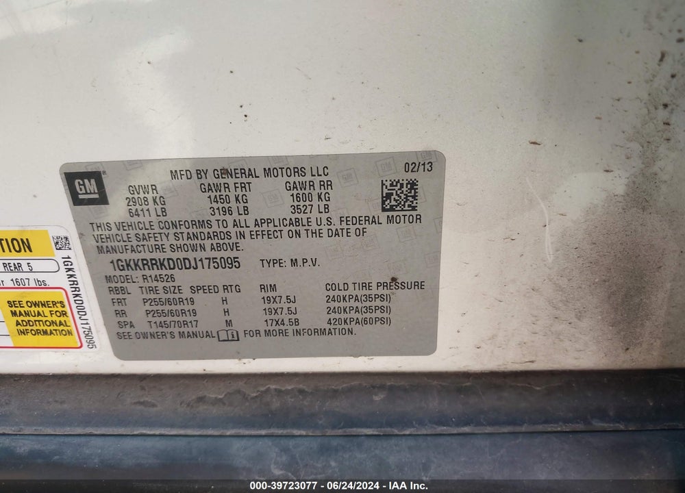 2013 GMC ACADIA VIN: 1GKKRRKD0DJ175095