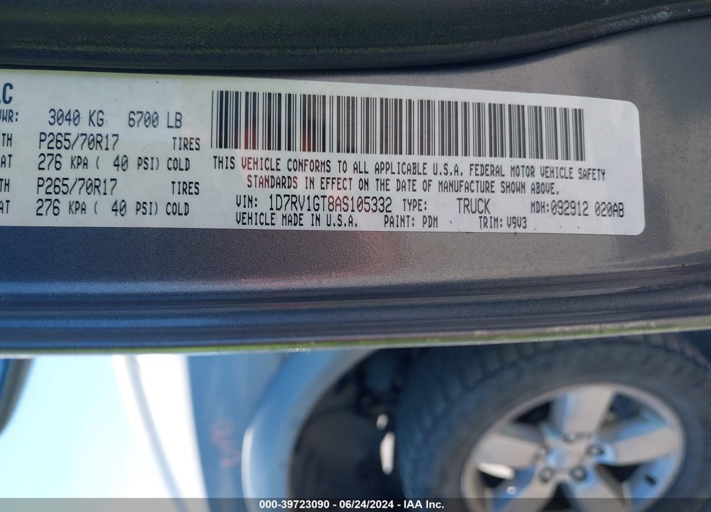 2010 DODGE RAM 1500 SLT/SPORT/TRX VIN: 1D7RV1GT8AS105332