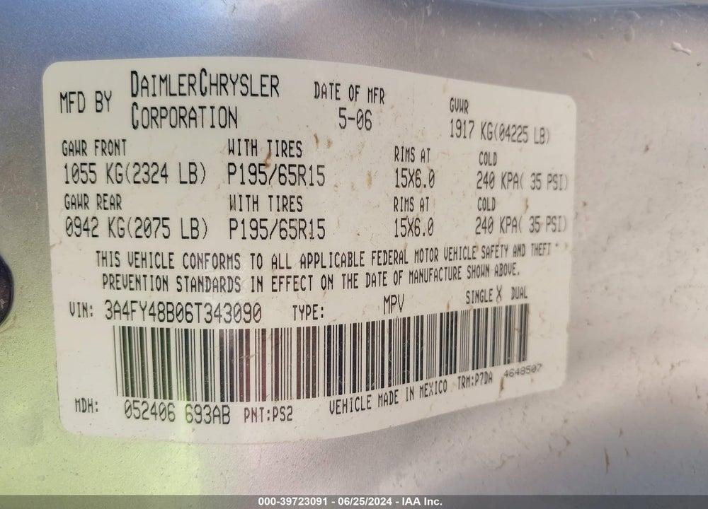 2006 CHRYSLER PT CRUISER VIN: 3A4FY48B06T343090