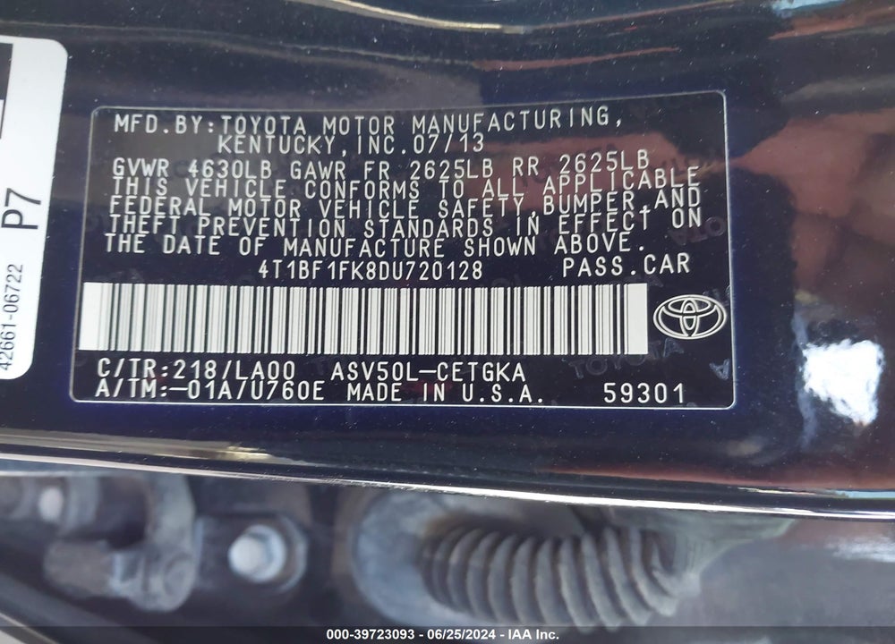 2013 TOYOTA CAMRY XLE VIN: 4T1BF1FK8DU720128