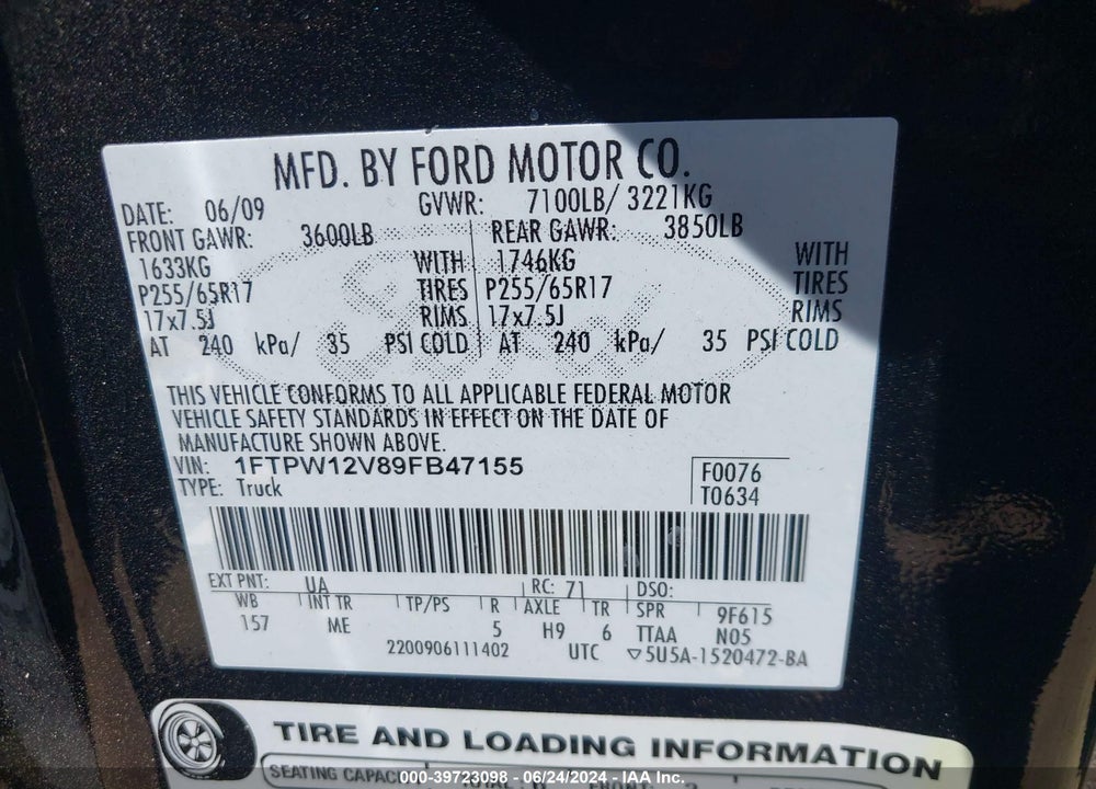 2009 FORD F-150 KING RANCH/LARIAT/PLATINUM/XL/XLT VIN: 1FTPW12V89FB47155