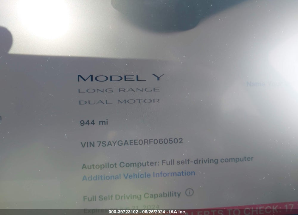 2024 TESLA MODEL Y LONG RANGE DUAL MOTOR ALL-WHEEL DRIVE VIN: 7SAYGAEE0RF060502