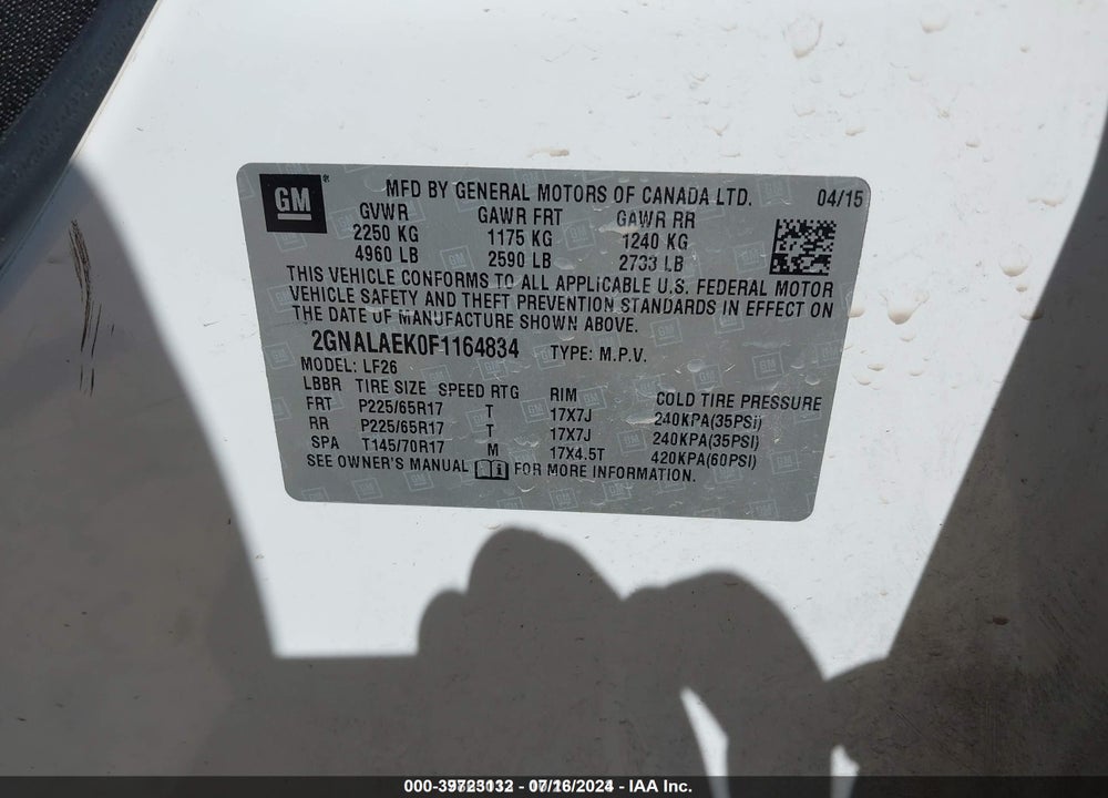 2015 CHEVROLET EQUINOX VIN: 2GNALAEK0F1164834